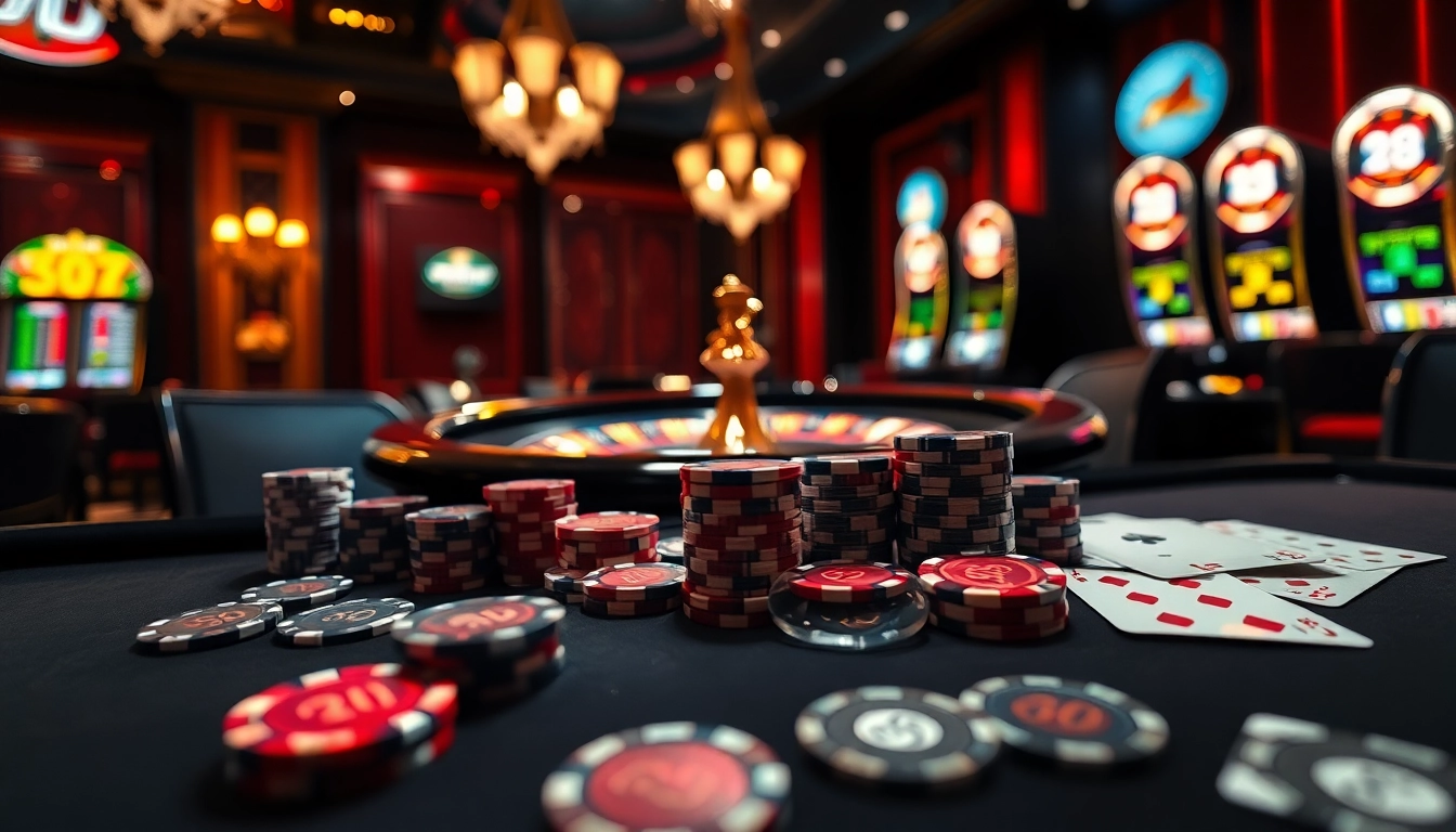 Man88 poker chips and cards on an elegant casino table amidst a vibrant roulette wheel.