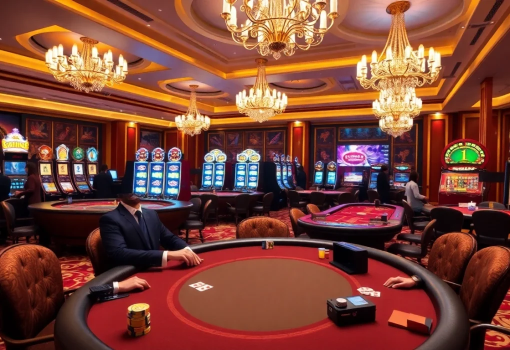 The thrilling atmosphere of a casino with poker players at the table and gaming excitement at https://ok8386.sh/.