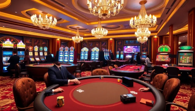 The thrilling atmosphere of a casino with poker players at the table and gaming excitement at https://ok8386.sh/.