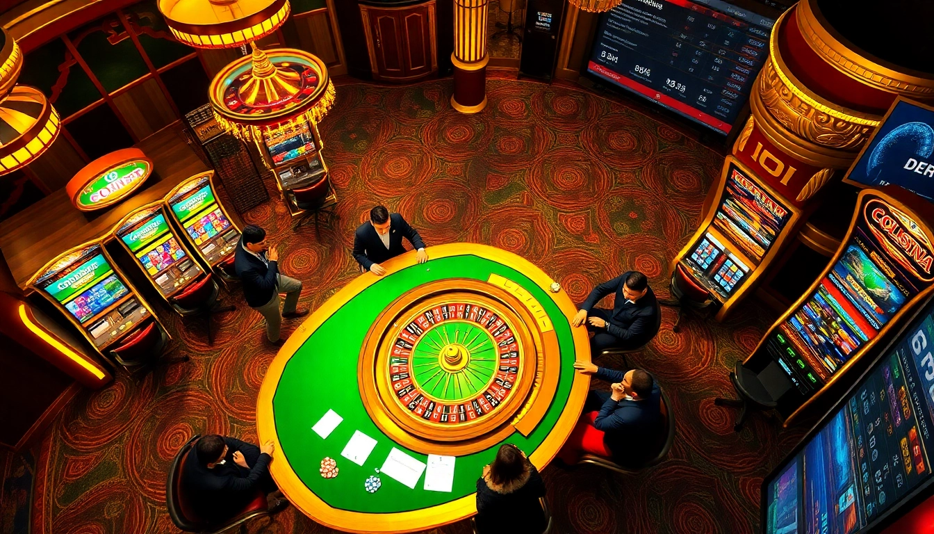Experience thrilling gaming action at https://soibet.vision/ featuring a vibrant casino atmosphere with roulette and slot machines.