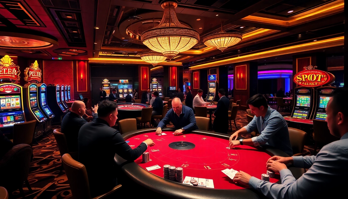 Players celebrating wins at a high-stakes poker table in a vibrant casino environment at https://kk55.group.