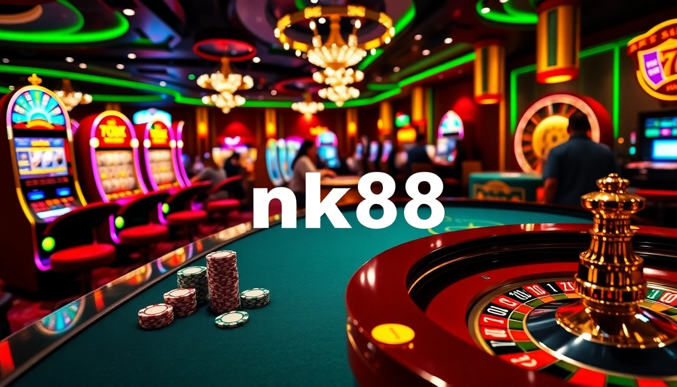 Players enjoying an exciting casino experience at nk88, with colorful chips and slots visible.