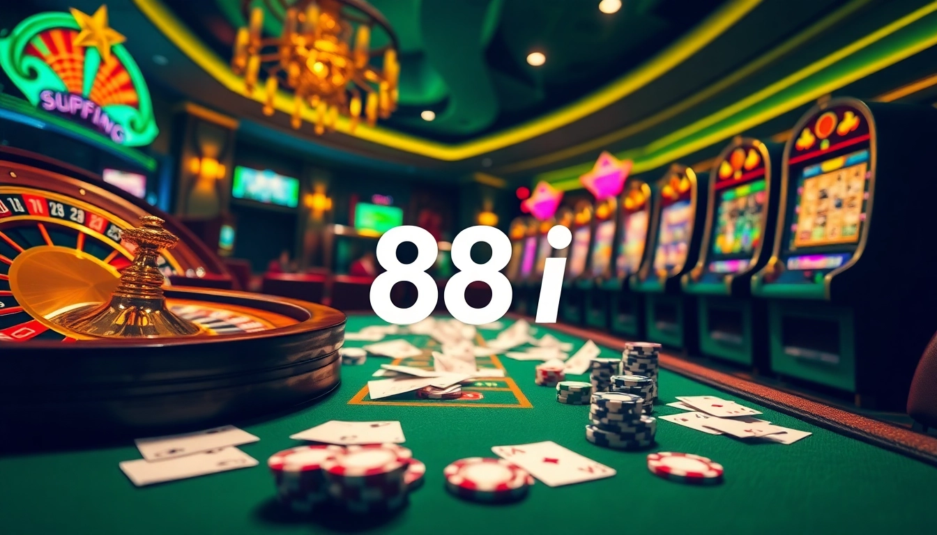 Engaging casino scene showcasing the excitement of 88i with roulette, poker cards, and vibrant slot machines in action.