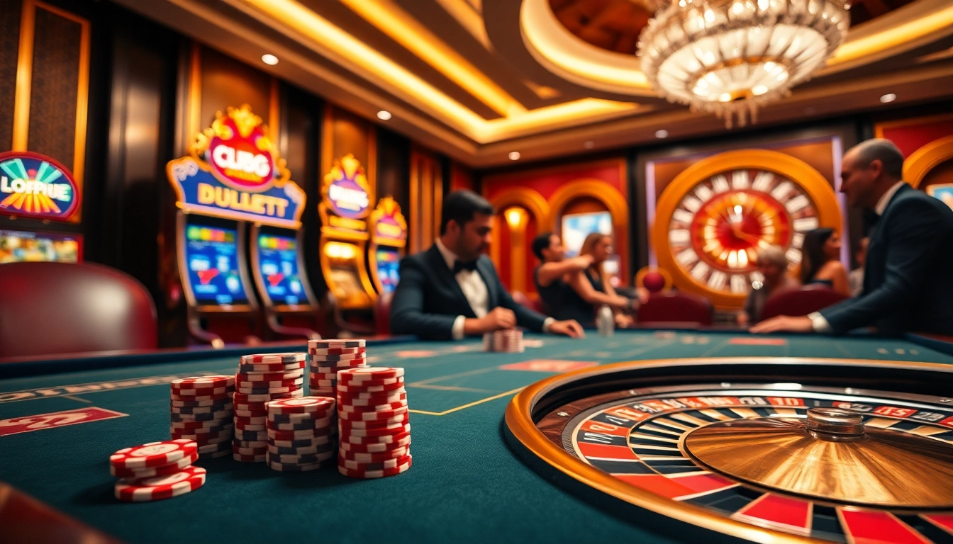 Engaged players enjoying Clube VIP HHBET at a luxurious casino table with poker chips and a roulette wheel.