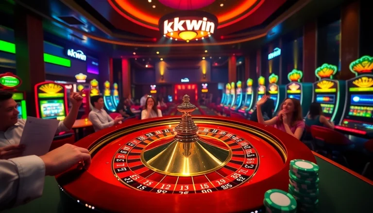 Excited players engage with the vibrant kkwin casino scene featuring roulette and poker chips.