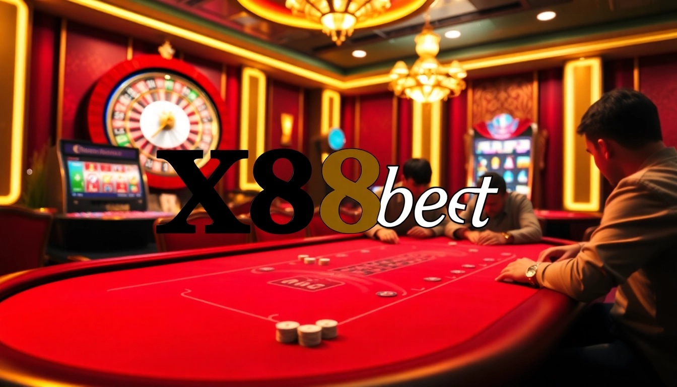 Engaged players at a poker table enjoying an X88 bet experience in a luxurious casino setting.