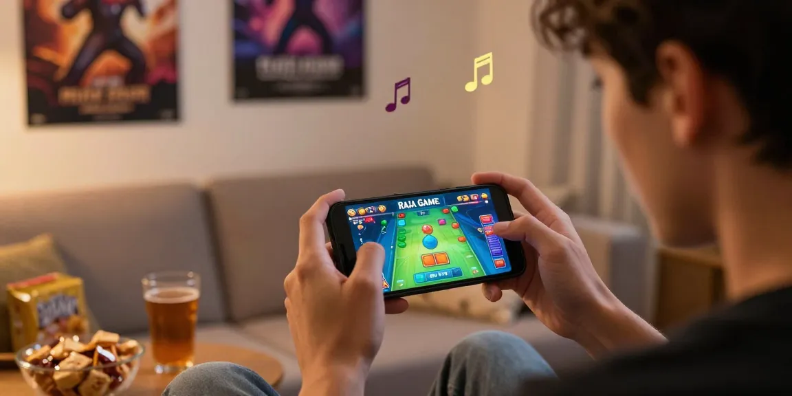 Enthusiast playing Raja Game login on smartphone in cozy living room, colorful graphics visible.